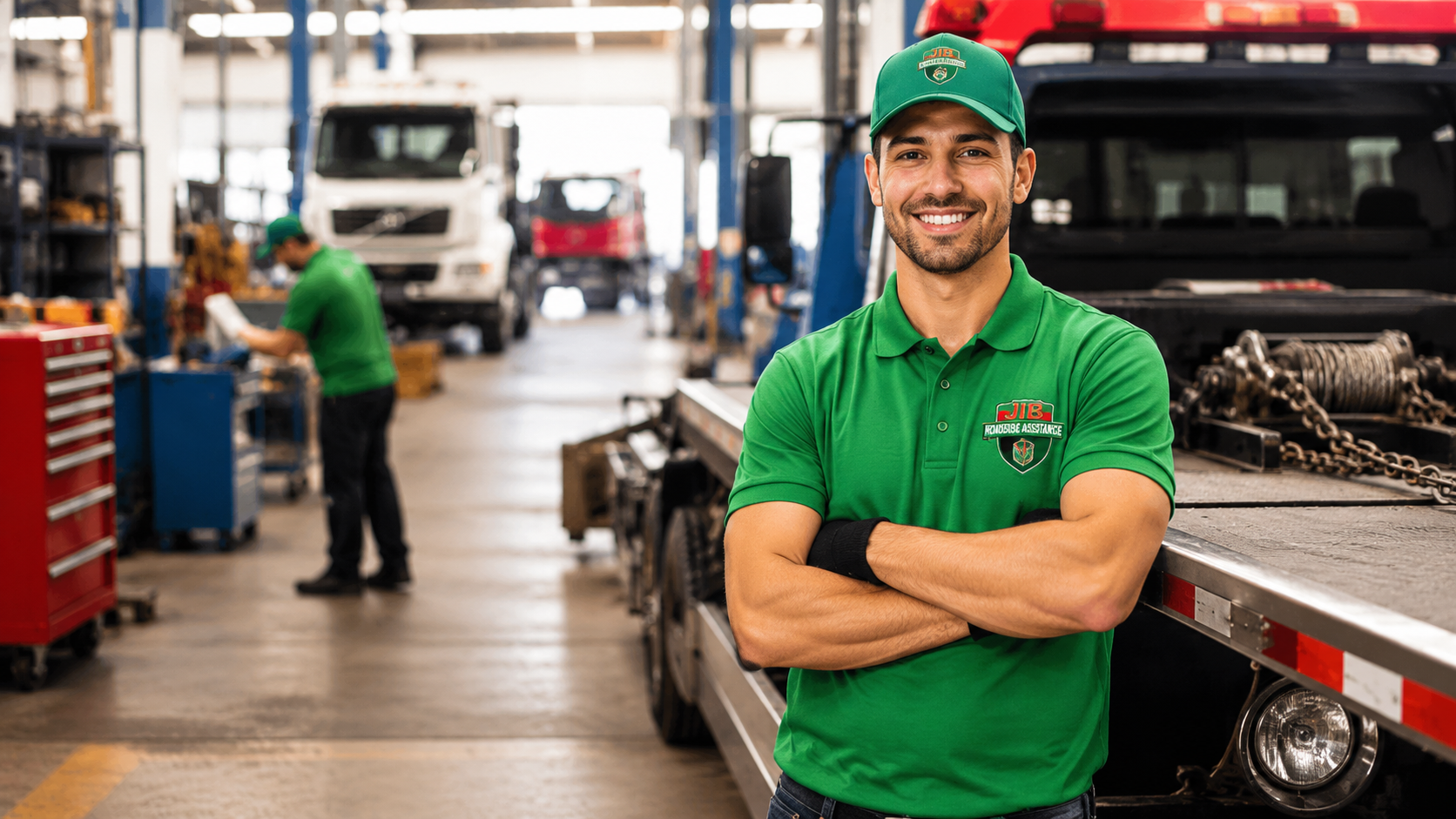 JIB roadside technician standing in a service garage